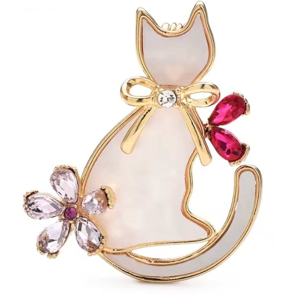 Gold & Pink Cat Brooch.